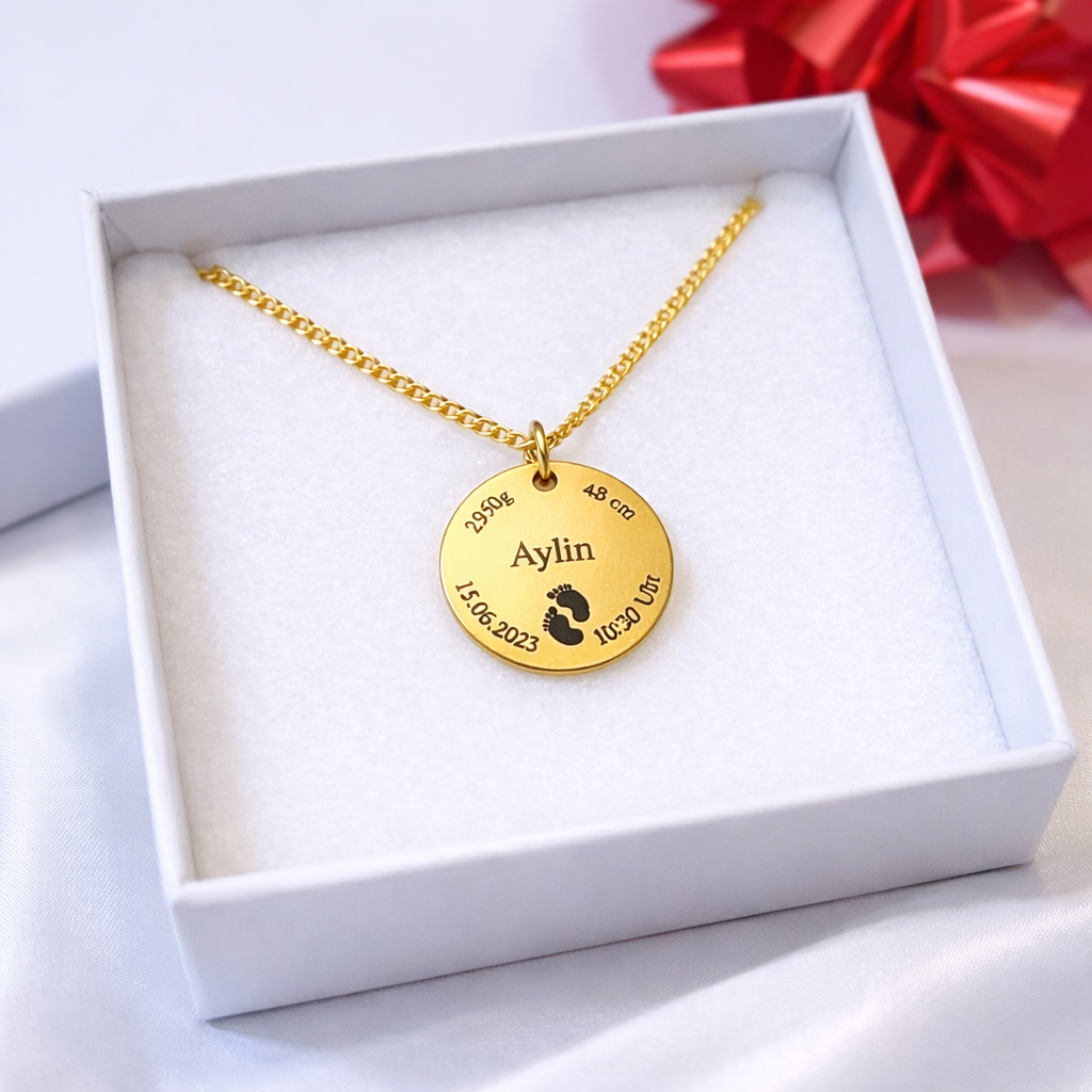 Goldene Baby Geburtskette personalisiert mit Name und Datum – Edelstahl Schmuck