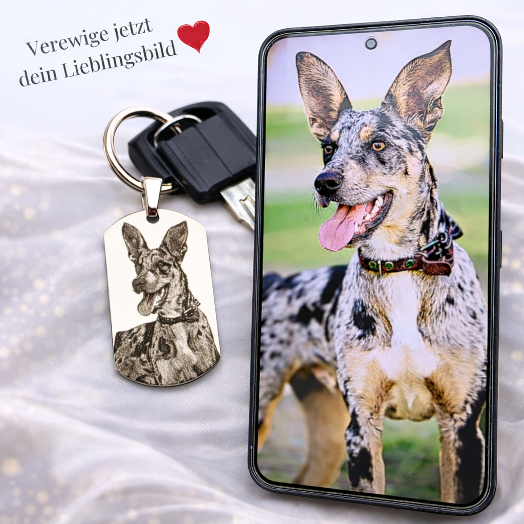 Schlüsselanhänger mit Hunde Fotogravur aus Edelstahl – personalisierter Tier Anhänger