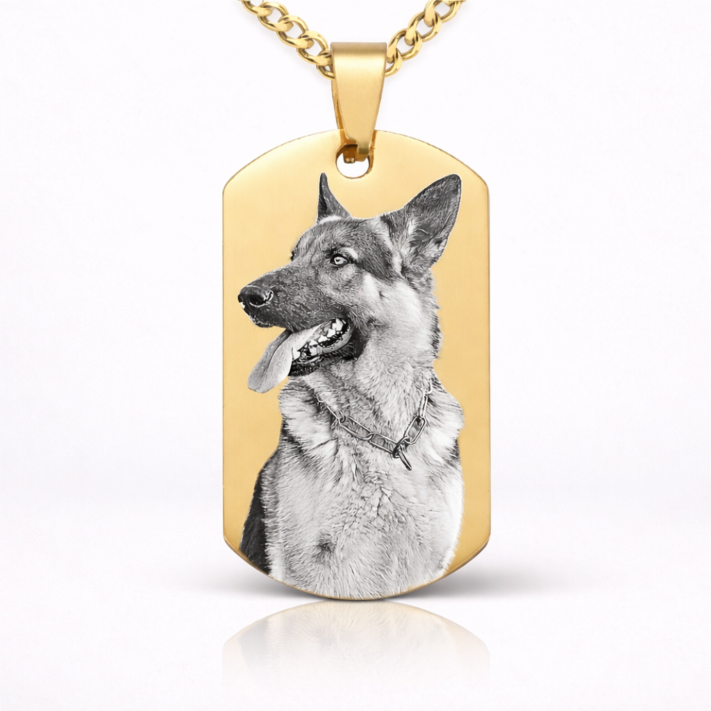 Dog Tag Foto Kette personalisiert in Gold mit Hunde Bildgravur
