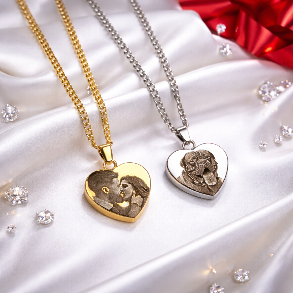 Herz Ketten in Silber und Gold mit Fotogravur – personalisierter Schmuck