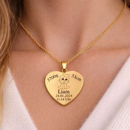 Goldene Herz Kette mit Baby Geburtsdaten graviert – personalisierter Schmuck