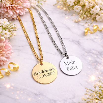 Gravierte runde Foto Kette mit Wunschtext auf Rückseite – individuelles Geschenk