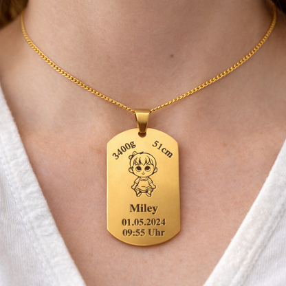 Goldene Geburtskette mit Baby Name und Geburtsdatum graviert – Geschenk zur Geburt