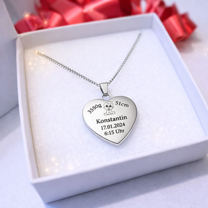 Herz Geburtsdaten Kette in Geschenkbox – Geschenk zur Geburt für Mama