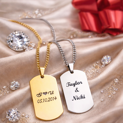 Gravierte Dog Tag Kette mit Wunschtext auf Rückseite – individuelles Geschenk