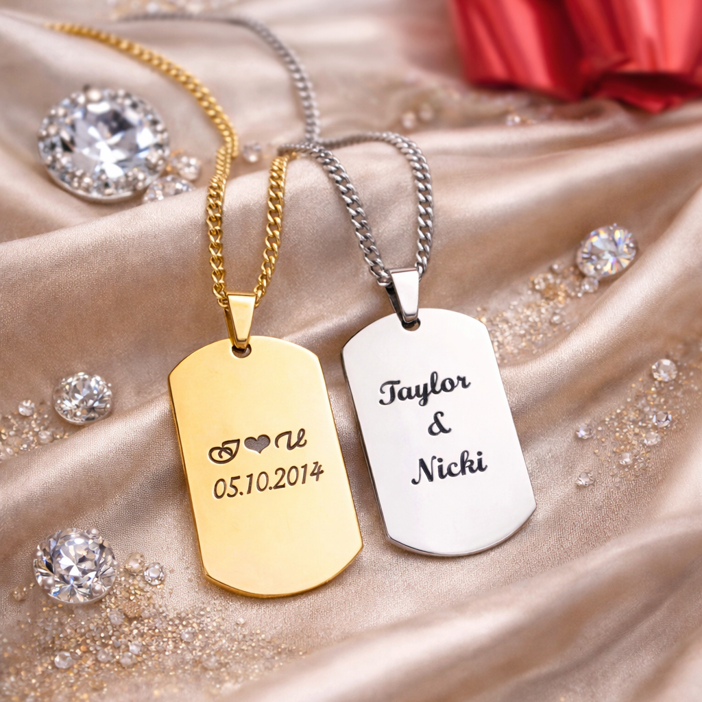 Gravierte Dog Tag Kette mit Wunschtext und Datum – individuelles Geschenk aus Edelstahl