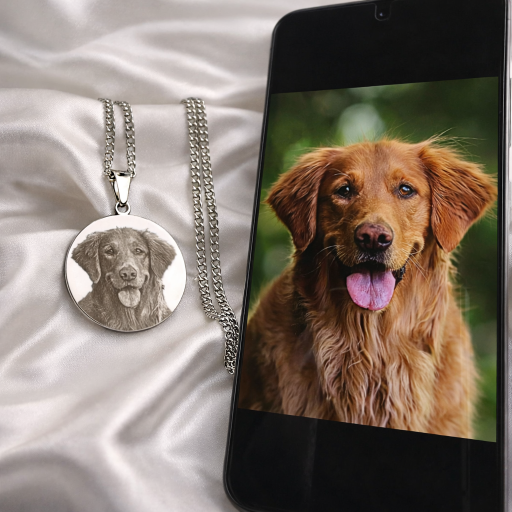 Silberne runde Foto Kette neben Smartphone mit Hunde Motiv – personalisierbar