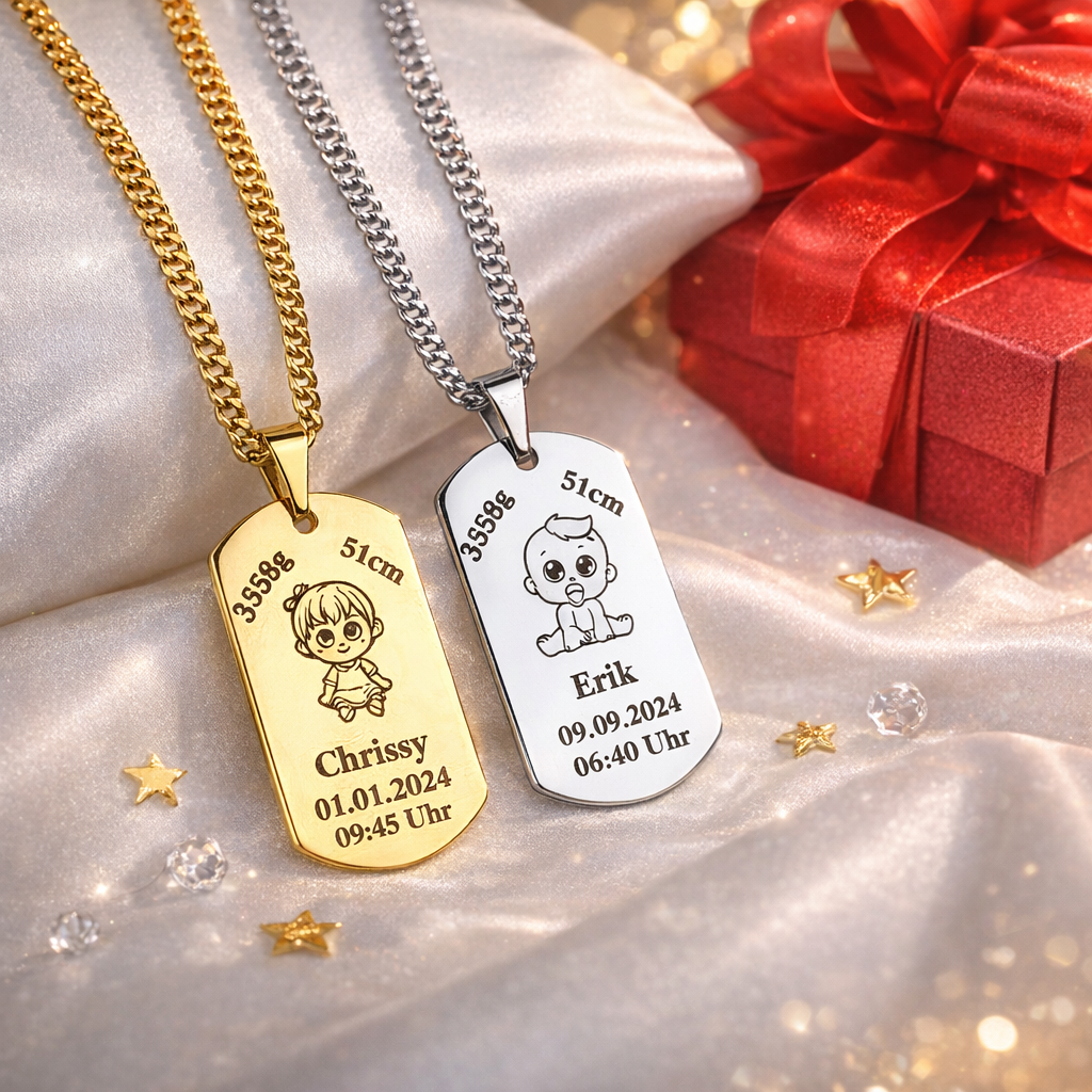 Baby Geburtsdaten Ketten in Silber und Gold – personalisierter Erinnerungsschmuck