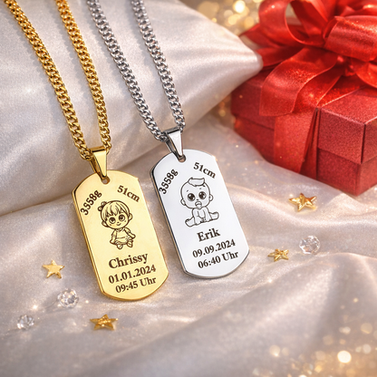 Baby Geburtsdaten Ketten in Silber und Gold – personalisierter Erinnerungsschmuck