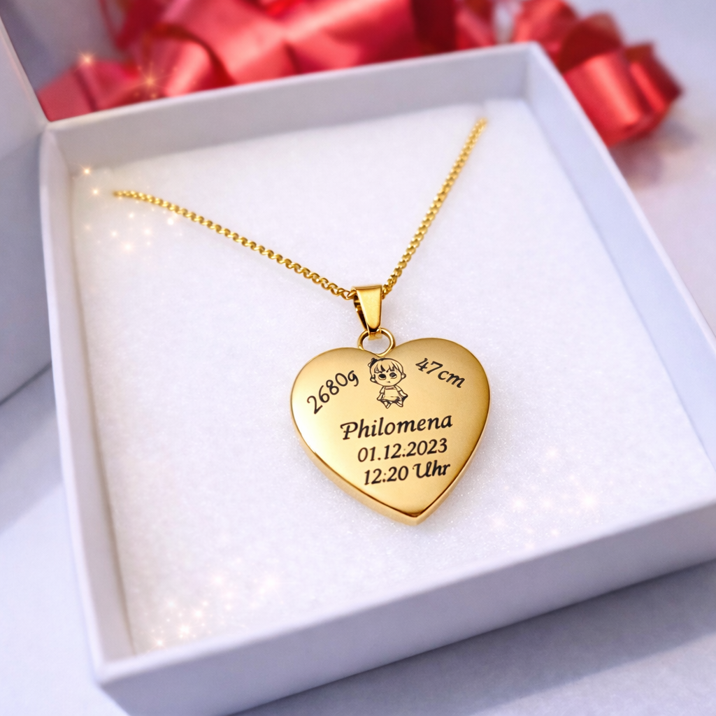 Herz Geburtsdaten Kette in Geschenkbox – Geschenk zur Geburt für Mama