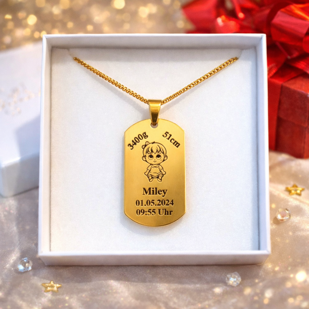 Goldene Dog Tag Kette mit Baby Gravur in Geschenkbox – Geschenk für frischgebackene Mama