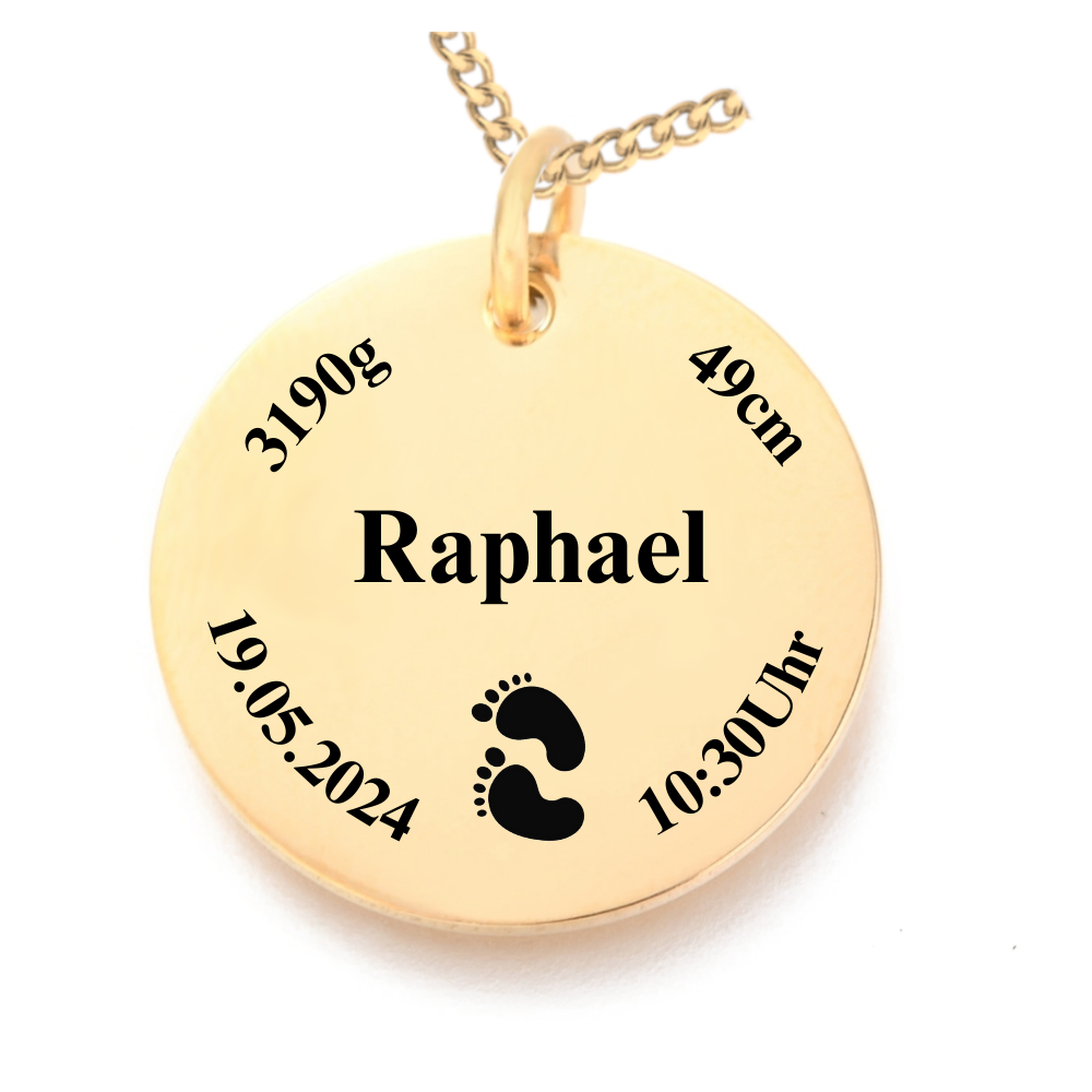Goldene Baby Geburtskette mit Fußabdruck und Geburtszeit – personalisierter Schmuck