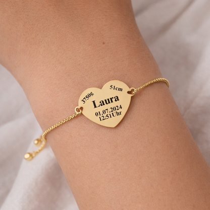 Goldenes Armband mit personalisierten Geburtsdaten vom Baby – Geschenk zur Geburt