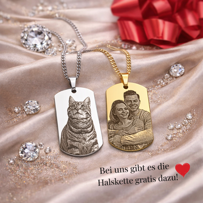 Dog Tag Anhänger in Silber und Gold mit Bildgravur – personalisierter Schmuck