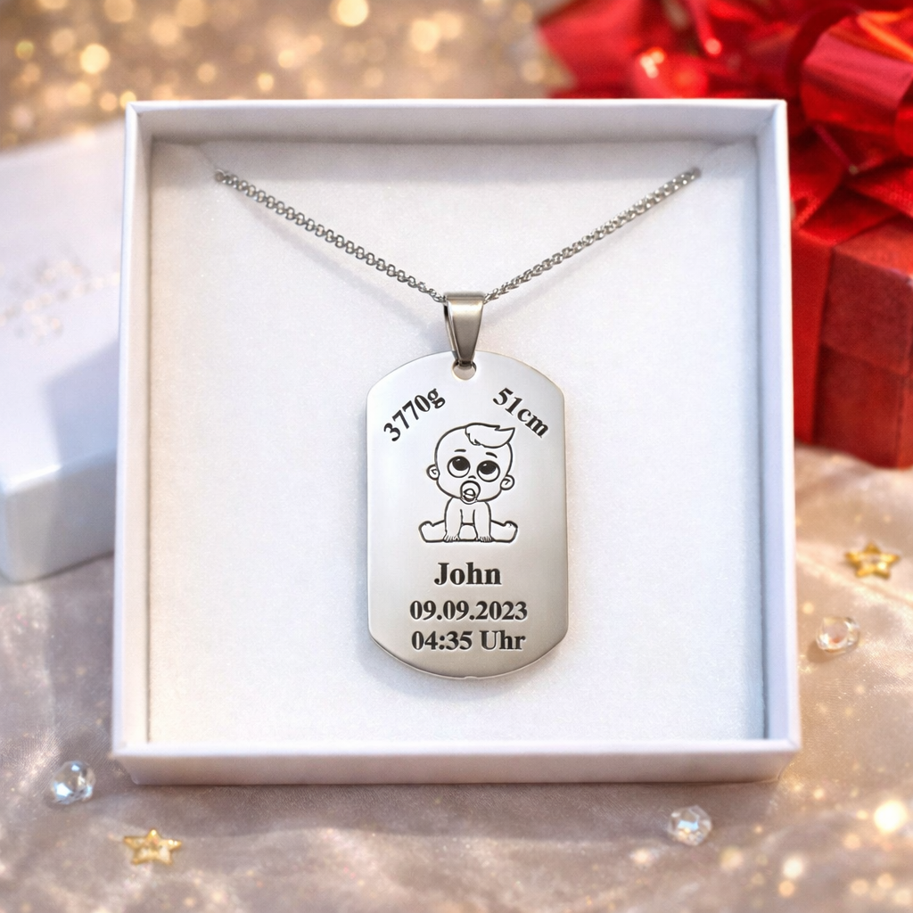 Silberne Geburtskette mit Namen und Geburtszeit – individuelles Mama Geschenk