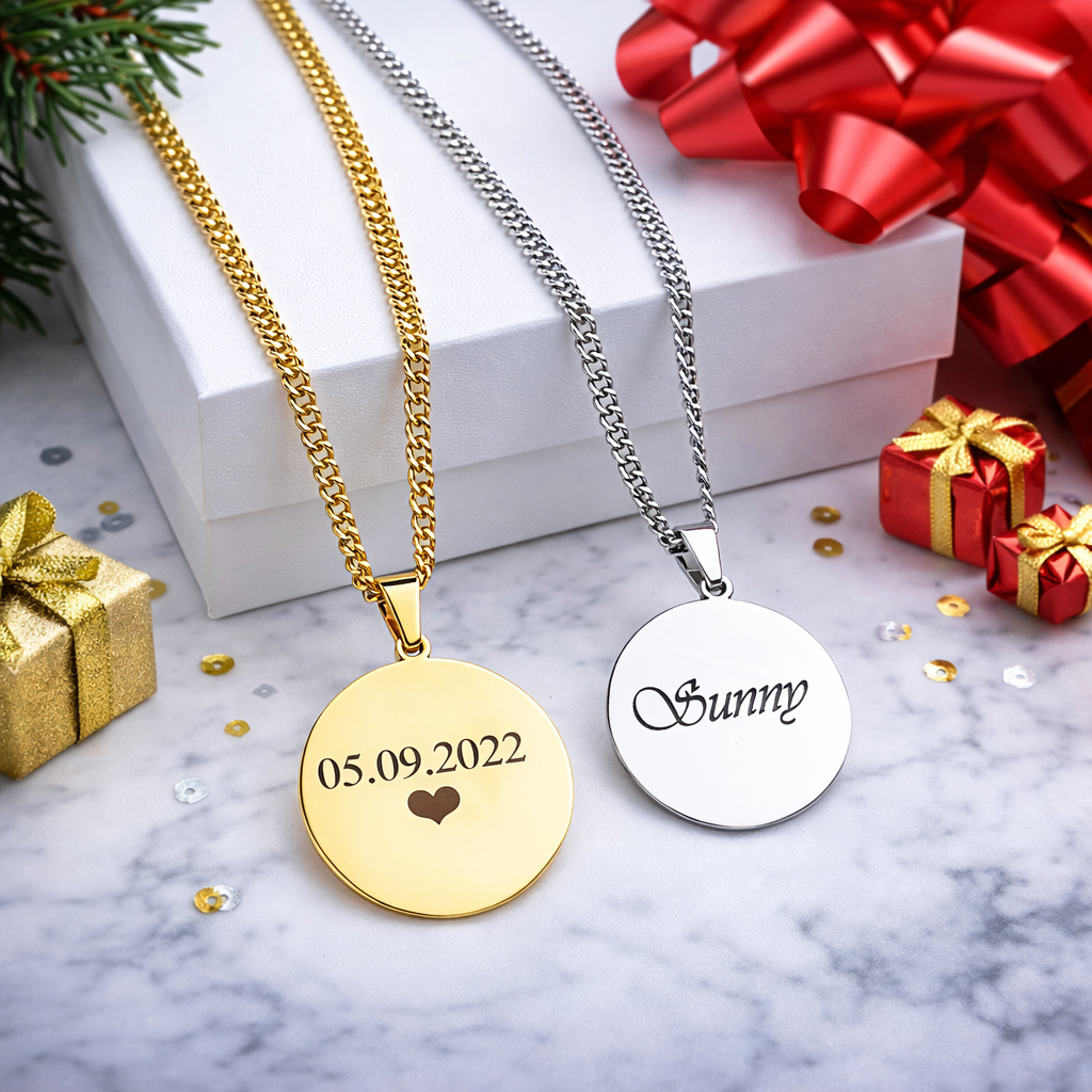 Gravierte runde Foto Kette mit Wunschtext auf Rückseite – individuelles Geschenk