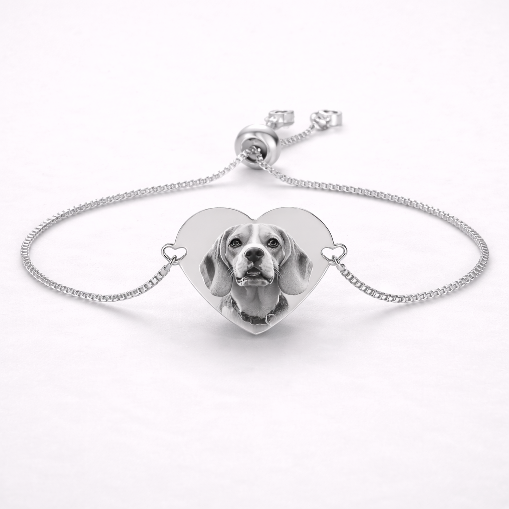 Personalisiertes Herz Foto Armband aus Edelstahl in Silber mit Hunde Fotogravur
