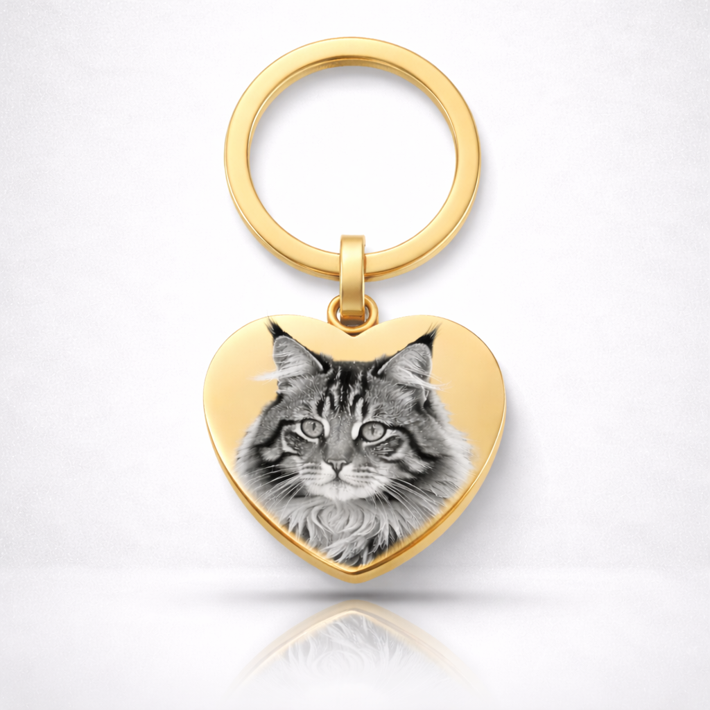 Personalisierter Herz Foto Schlüsselanhänger in Gold mit Katzen Gravur aus Edelstahl