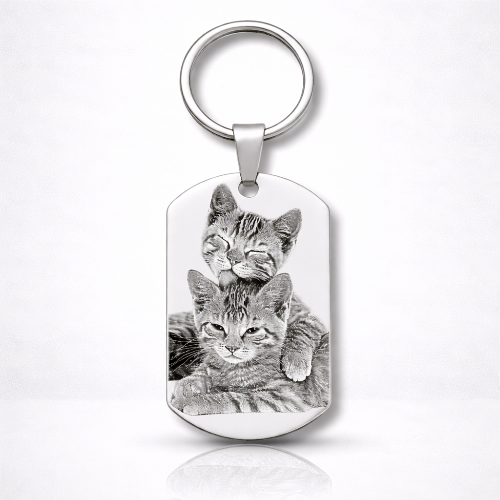 Personalisierter rechteckiger Foto Schlüsselanhänger aus Edelstahl in Silber