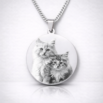 Personalisierte runde Foto Kette aus Edelstahl in Silber mit Katzen Fotogravur