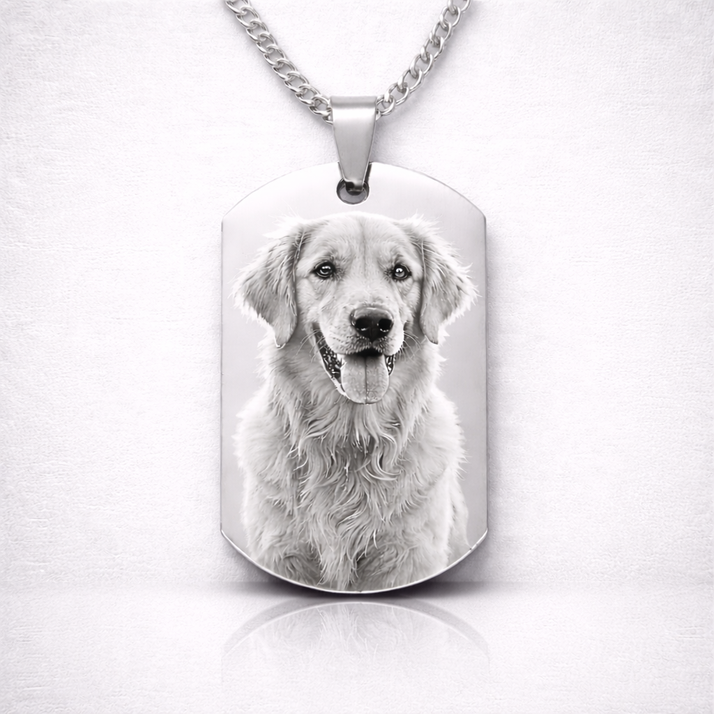 Personalisierte Dog Tag Kette aus Edelstahl in Silber mit Hunde Fotogravur