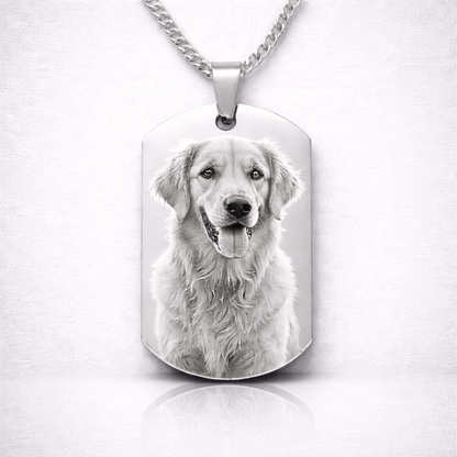 Personalisierte Dog Tag Kette aus Edelstahl in Silber mit Hunde Fotogravur