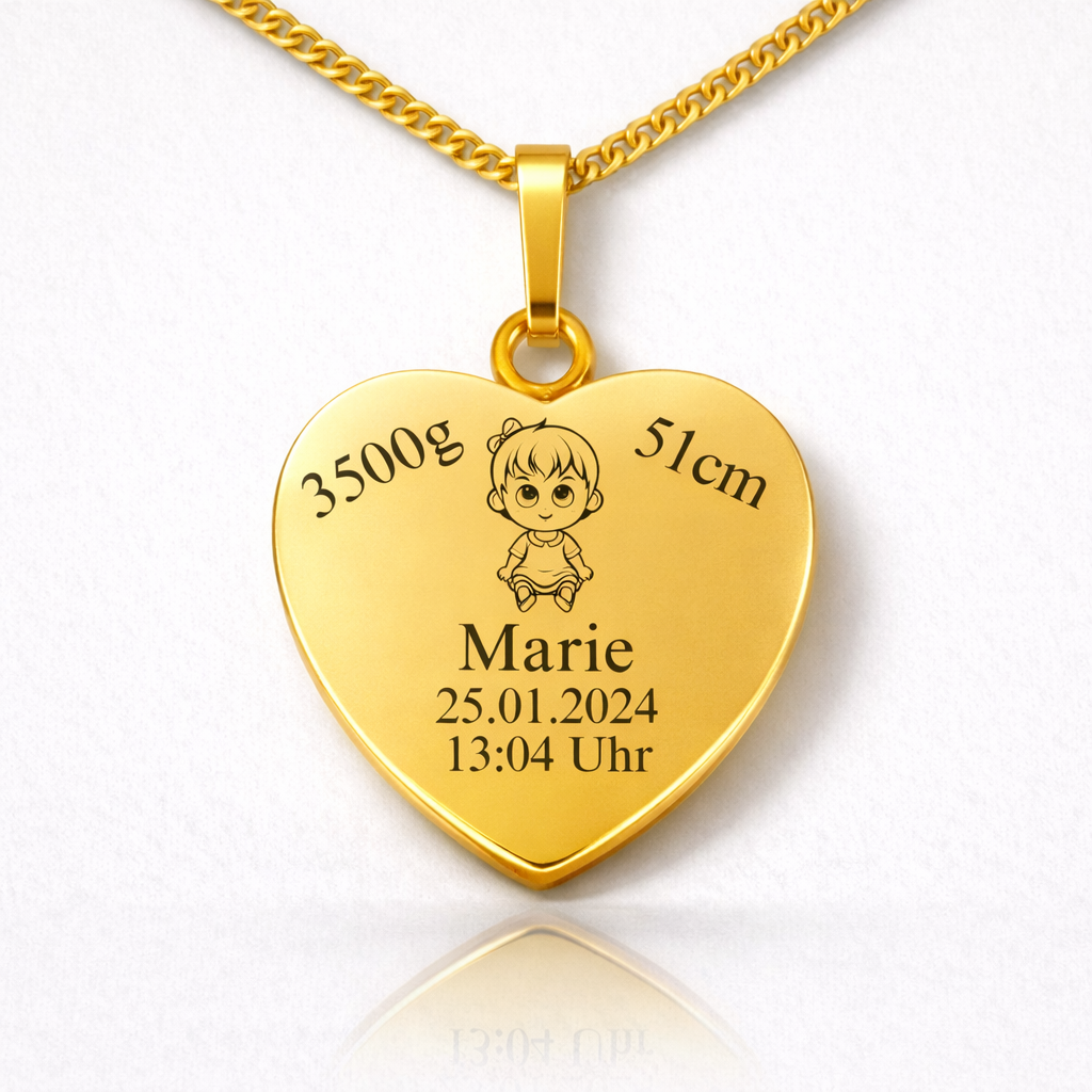 Herz Geburtsdaten Kette personalisiert in Gold mit Baby Name, Gewicht und Größe