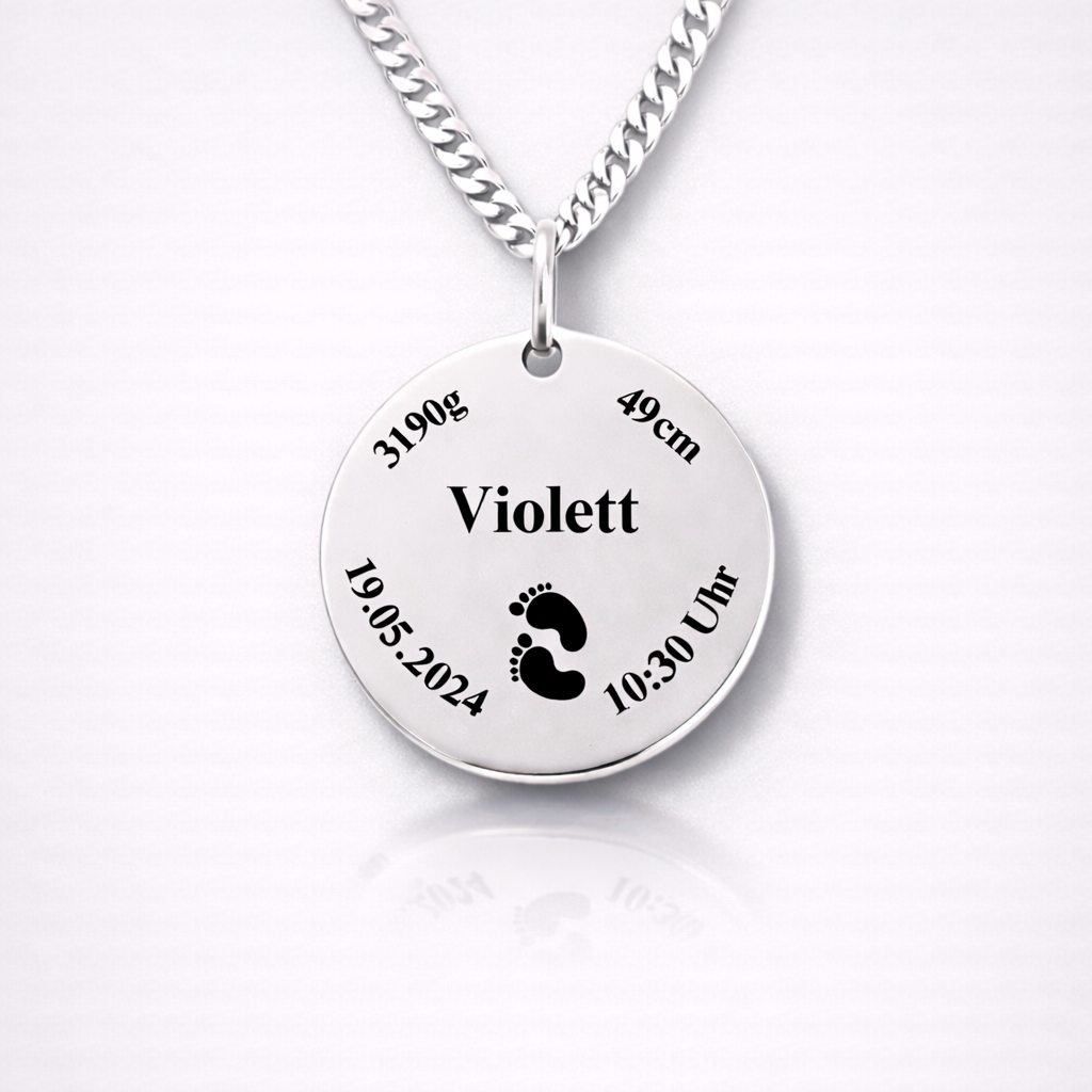 Personalisierte runde Geburtsdaten Kette mit Baby Name, Gewicht, Größe und Uhrzeit – Edelstahl Silber