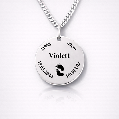 Personalisierte runde Geburtsdaten Kette mit Baby Name, Gewicht, Größe und Uhrzeit – Edelstahl Silber