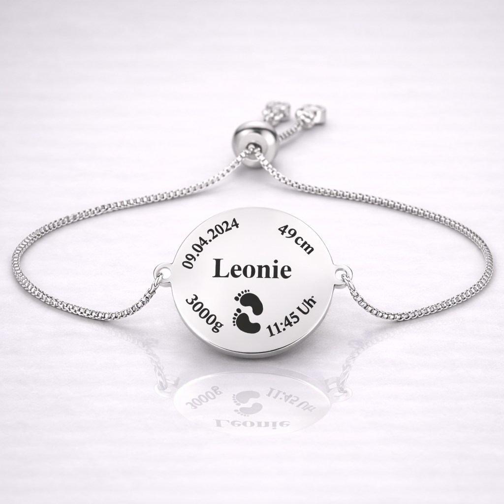 Personalisiertes Baby Geburtsdaten Armband in Silber mit Name, Datum, Uhrzeit und Gewicht