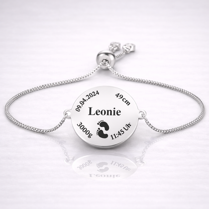 Personalisiertes Baby Geburtsdaten Armband in Silber mit Name, Datum, Uhrzeit und Gewicht