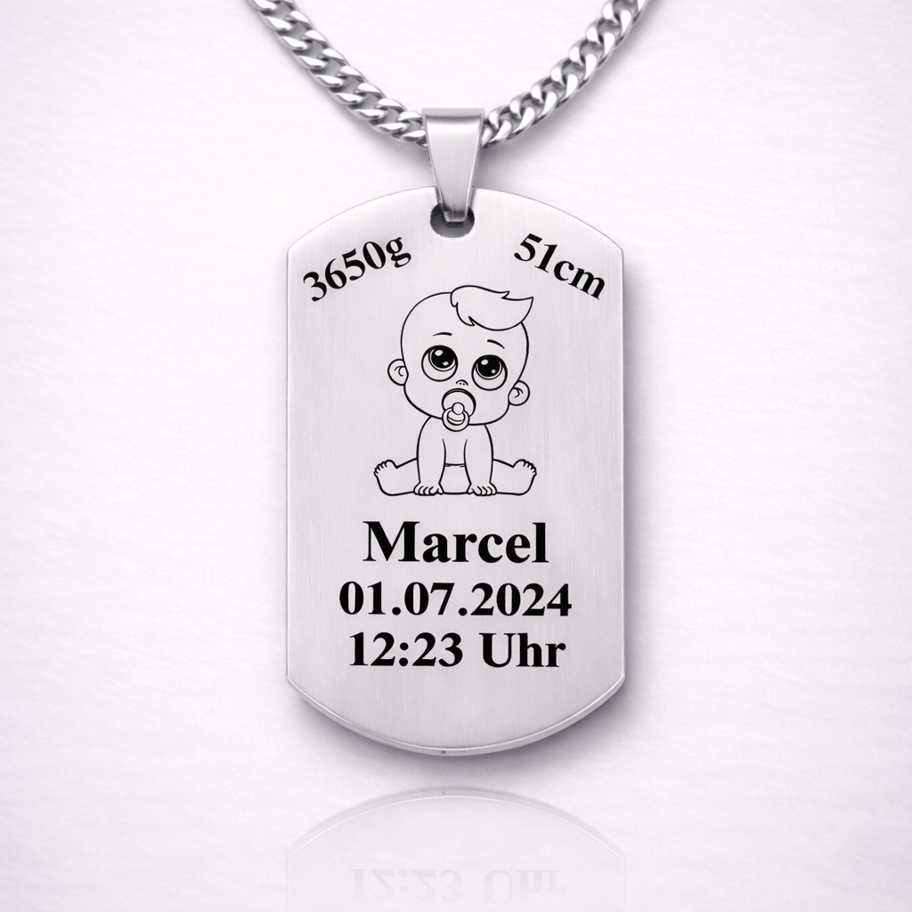 Personalisierte Baby Geburtsdaten Kette mit Name, Gewicht, Größe und Uhrzeit – Edelstahl Silber