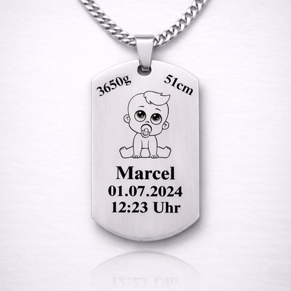 Personalisierte Baby Geburtsdaten Kette mit Name, Gewicht, Größe und Uhrzeit – Edelstahl Silber