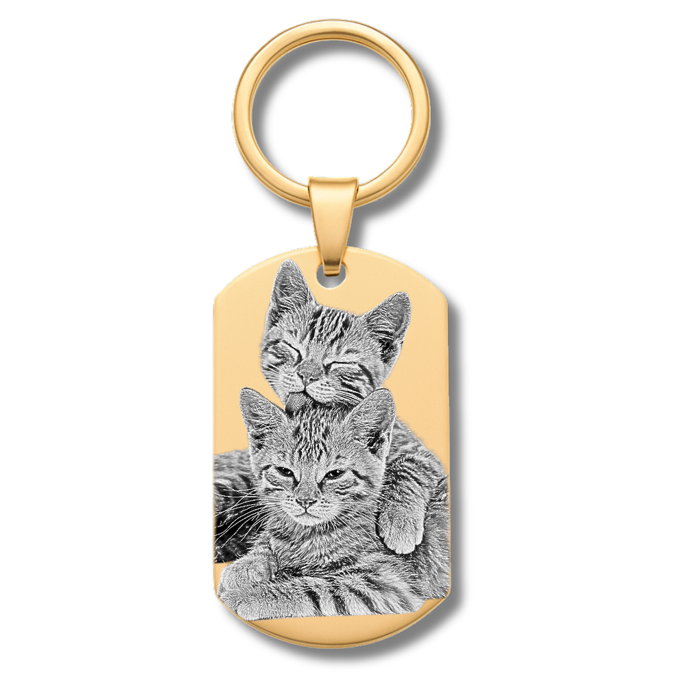 Dog Tag Schlüsselanhänger mit Bildgravur aus Edelstahl in Gold