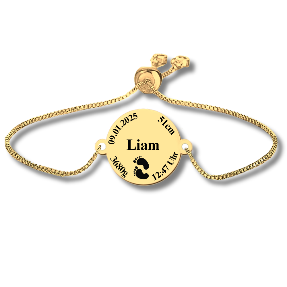 Goldenes Baby Geburtsdaten Armband mit Name und Geburtsdatum graviert