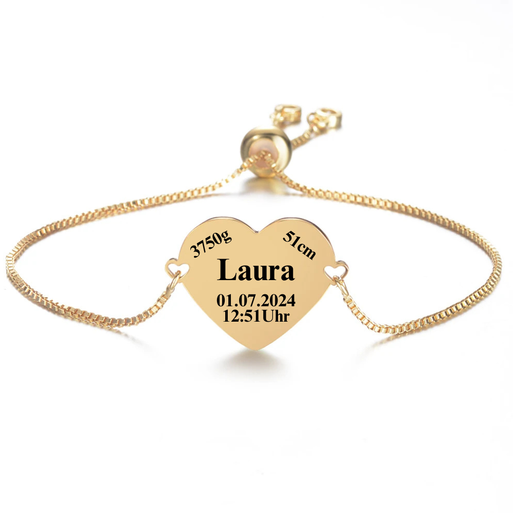 Goldenes Herz Armband mit Baby Name und Geburtszeit – individuelles Mama Geschenk