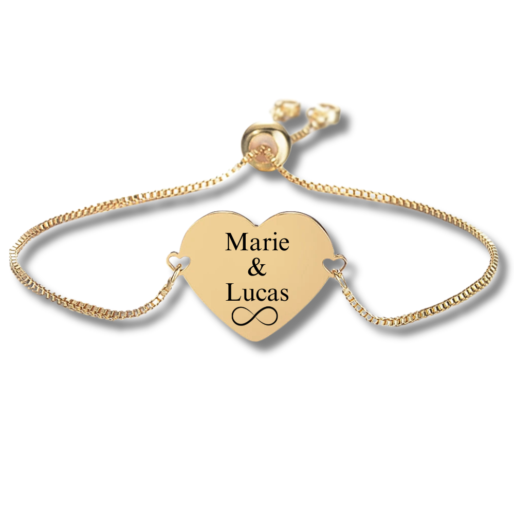 Goldenes Herz Armband mit zwei Namen und Wunschsymbol – personalisierbar