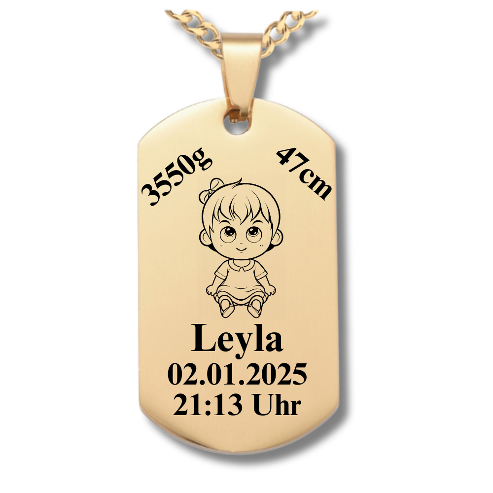 Goldene Baby Geburtsdaten Kette mit Name, Datum und Uhrzeit – individuell graviert
