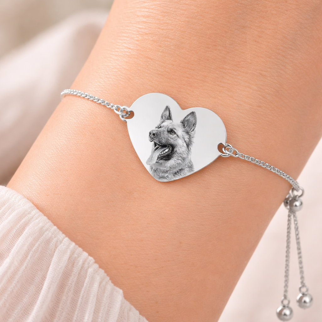 Silbernes Herz Armband mit personalisierter Bildgravur – verstellbarer Schmuck