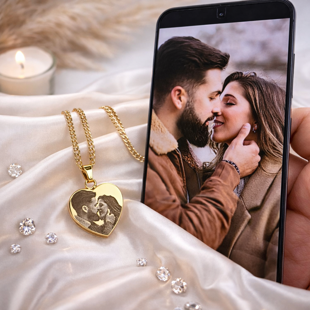 Herz Foto Kette in Gold neben Smartphone – personalisierbar mit Wunschbild