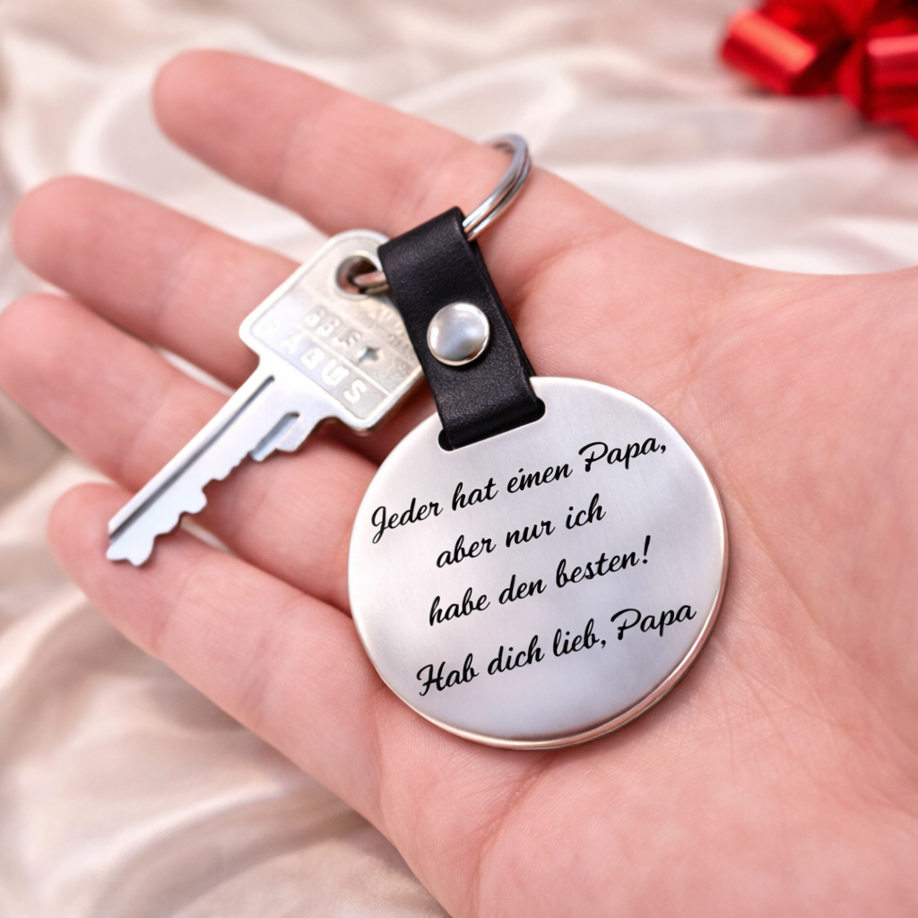 Gravur Schlüsselanhänger mit Individueller Textgravur in Hand gehalten – Geschenk mit persönlicher Botschaft