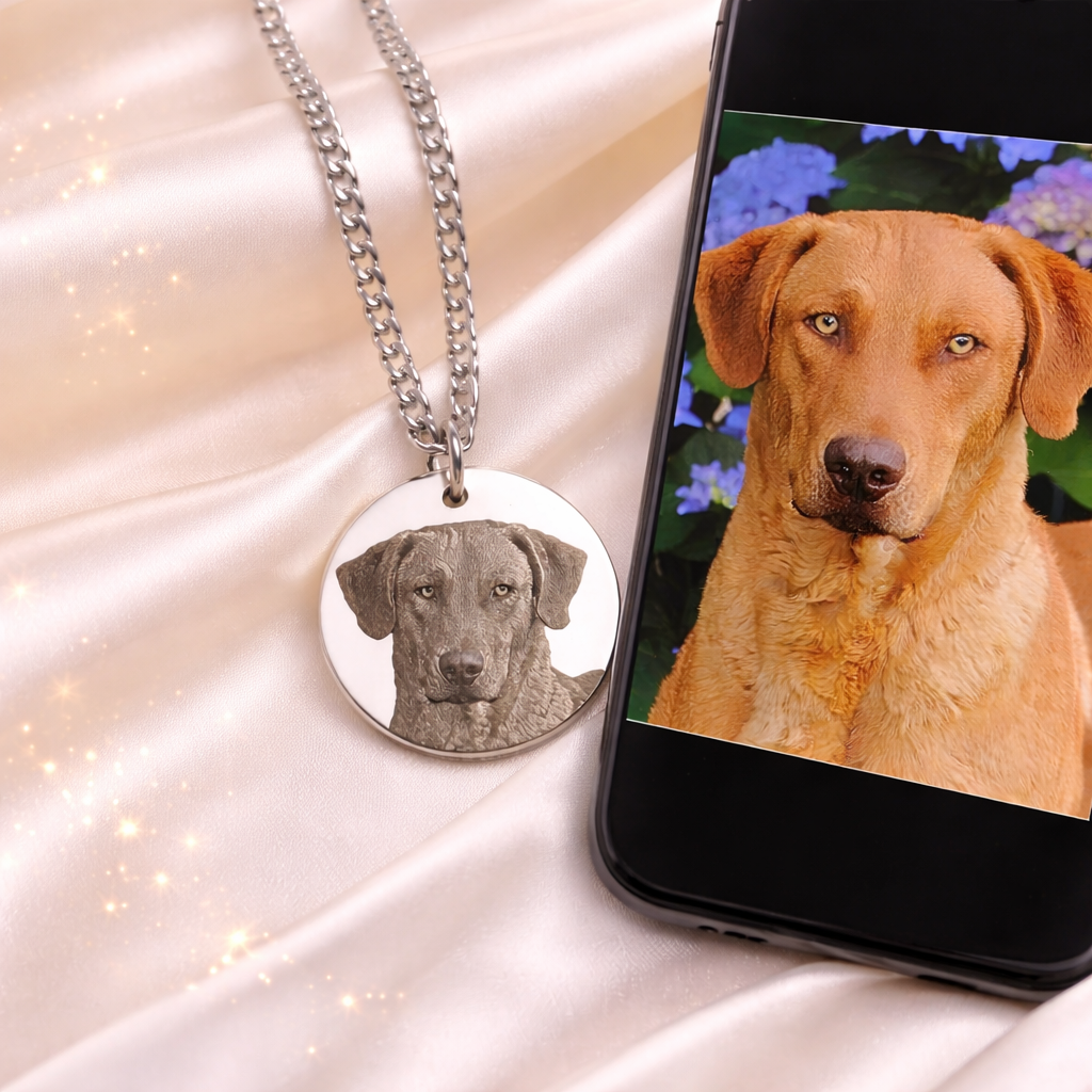 Silberne Foto Kette neben Smartphone mit Hundebild – personalisierte Halskette