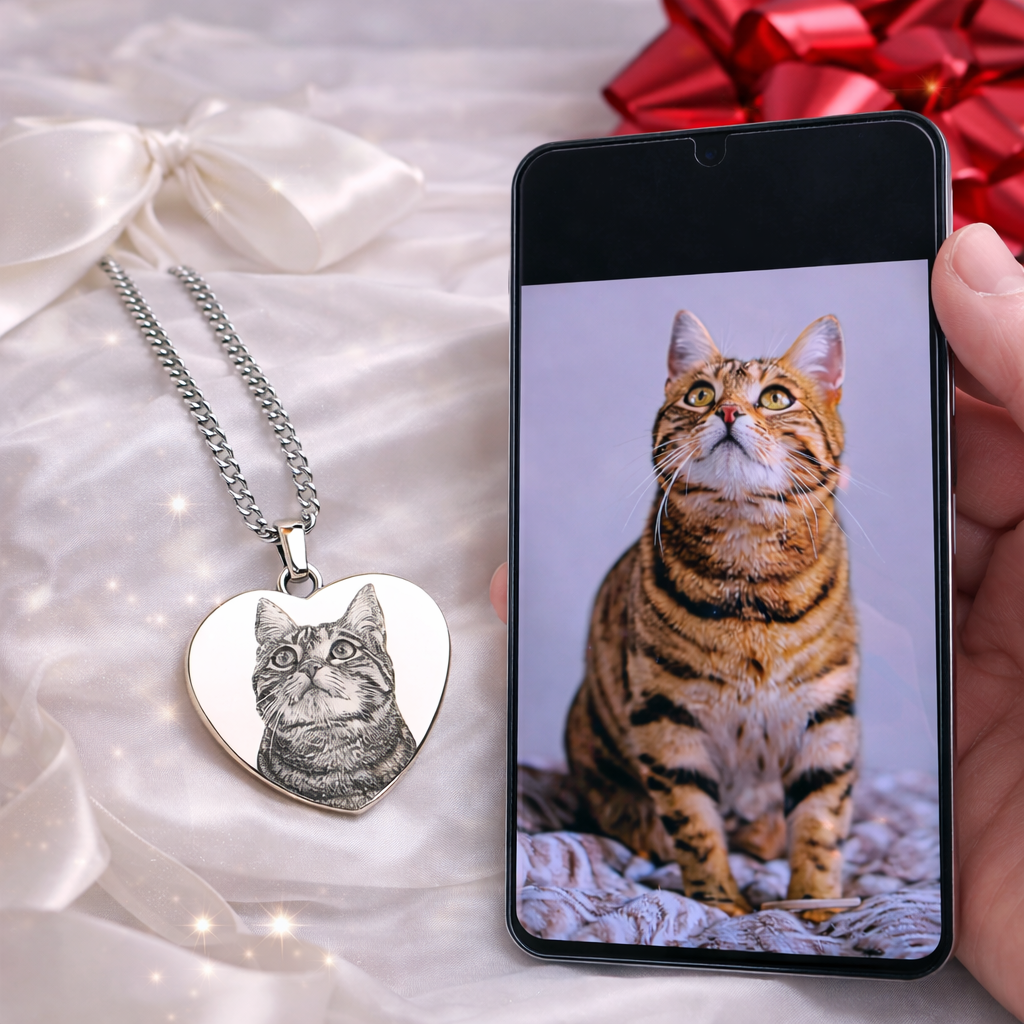 Foto Kette Herz mit Katzenmotiv neben Smartphone – personalisierbar mit Bild