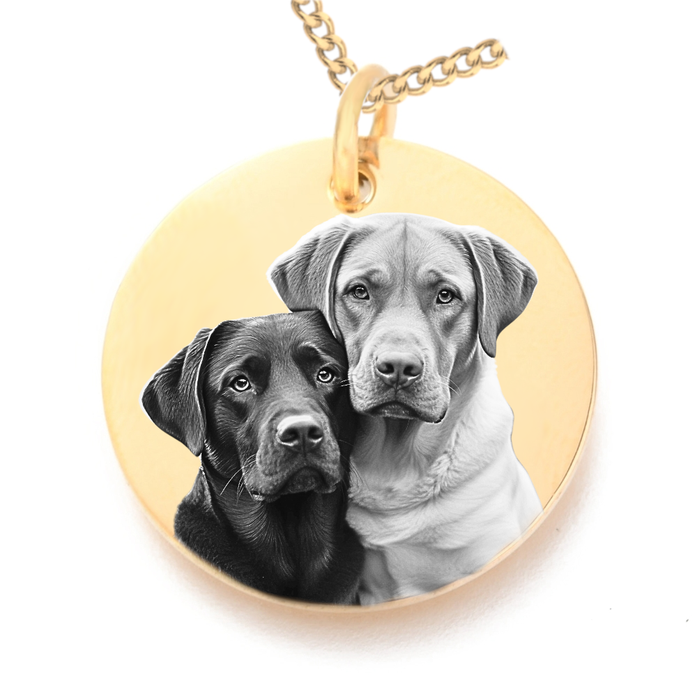 Goldene runde Kette mit zwei Hunde Motiven – personalisierbar mit Wunschbild