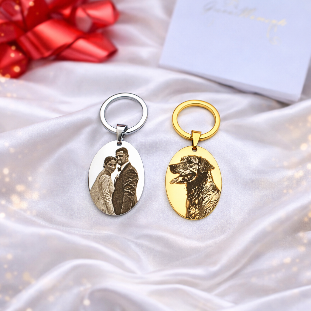 Foto Schlüsselanhänger in Silber und Gold – personalisierbarer Edelstahl Anhänger