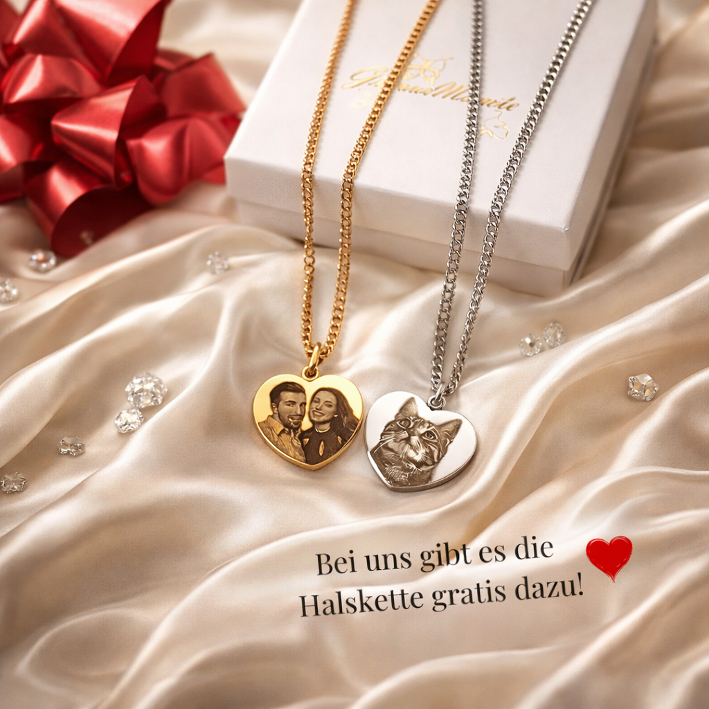 Personalisierte Herz Halsketten in Gold und Silber mit Fotogravur