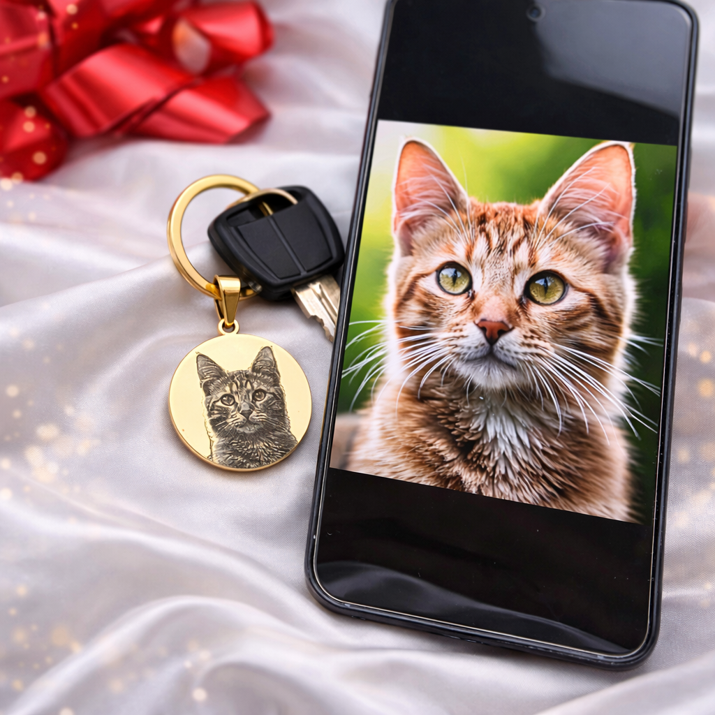 Schlüsselanhänger mit Katzen Fotogravur neben Smartphone – personalisierter Tieranhänger