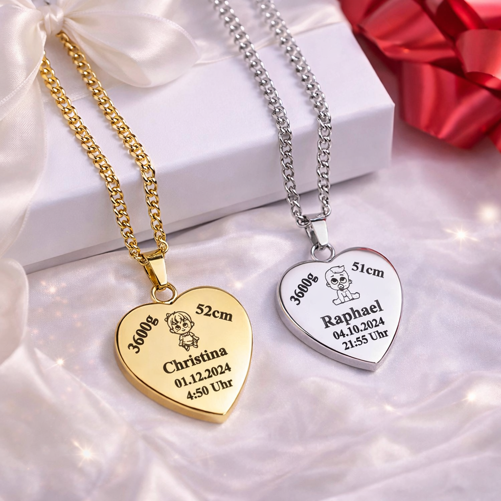 Goldene und silberne Herz Ketten mit Baby Gravur – personalisierter Schmuck