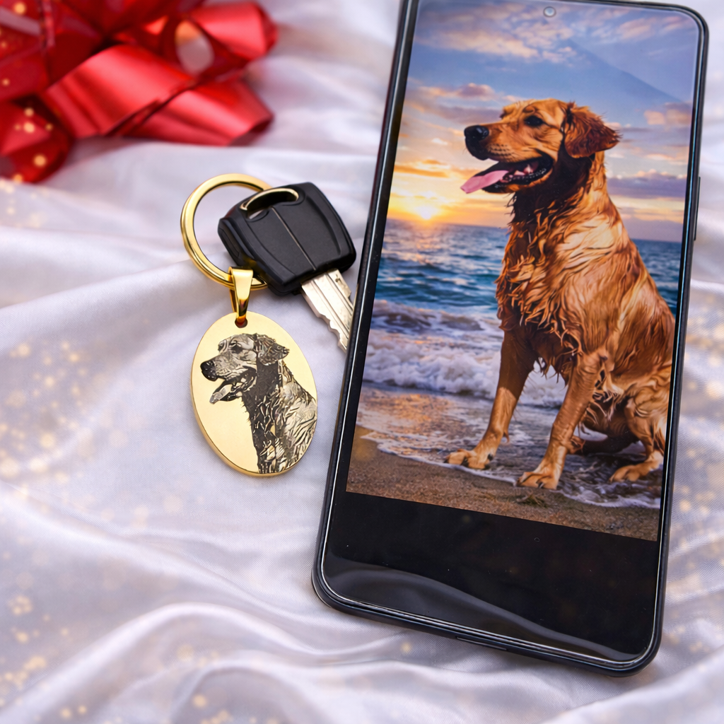 Schlüsselanhänger mit Hunde Fotogravur aus Edelstahl – personalisierter Tieranhänger