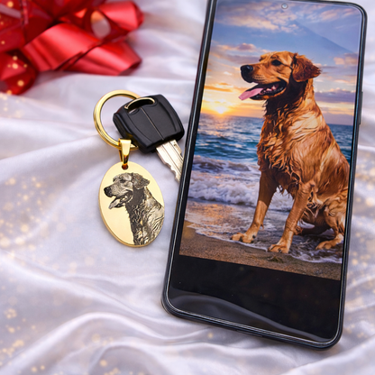 Schlüsselanhänger mit Hunde Fotogravur aus Edelstahl – personalisierter Tieranhänger